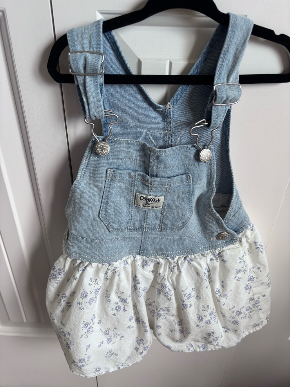 OshKosh B'gosh Light Blue Denim and White Floral Skirt Overalls - Picture 1 of 7
